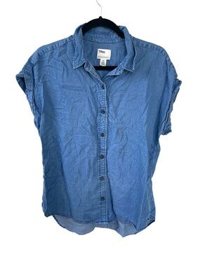 Tilley Blue Chambray Denim Oversized Button-Up Short Sleeve Blouse L